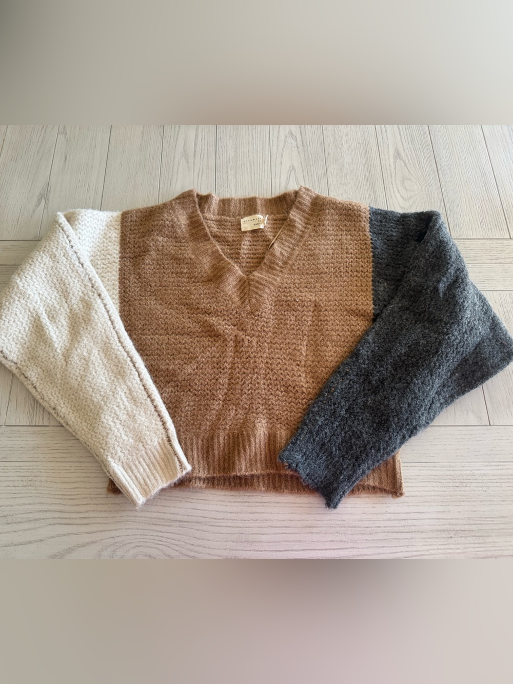 Cozy Colorblock V-Neck Sweater in Brown, Cream & Charcoal